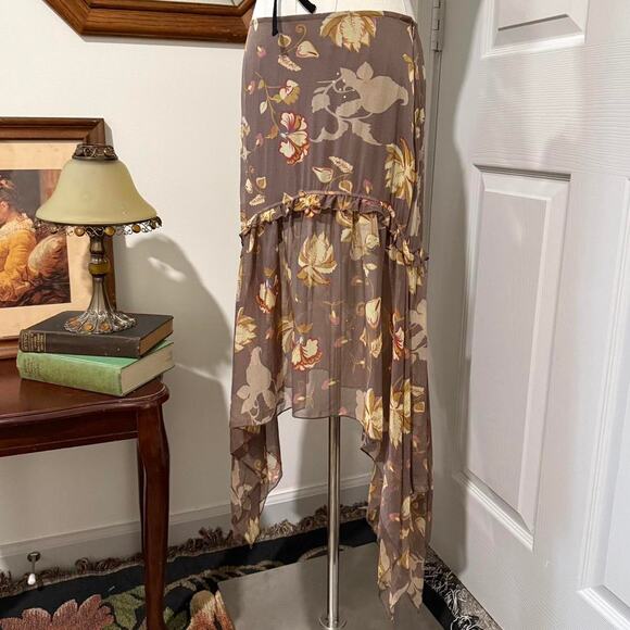 Stefanel Light Brown & Yellow Floral Silk Ruffle Tiered Asymmetrical Fairy Skirt - Picture 1 of 7